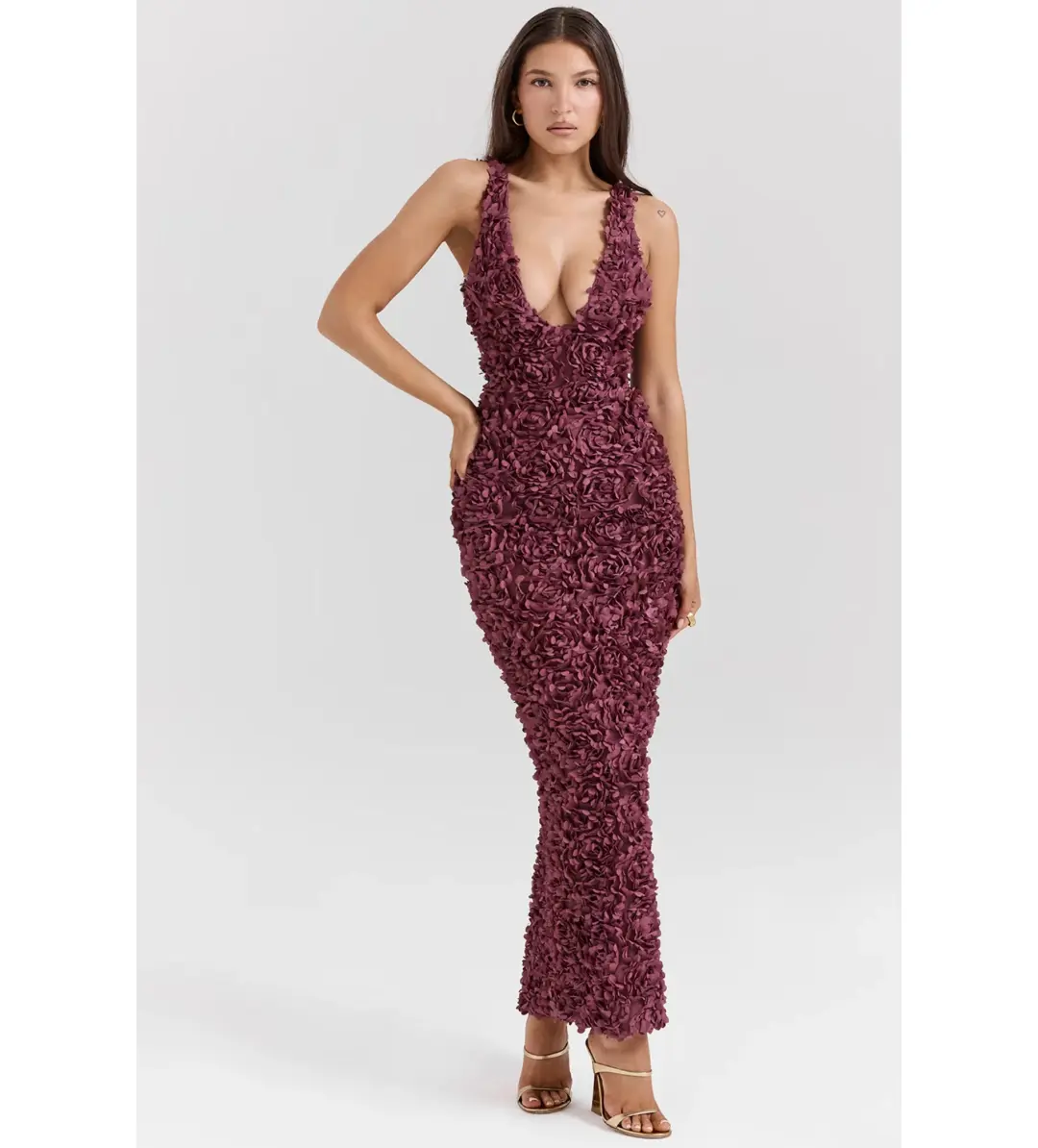 House Of CB Carena Merlot Plunge Floral Appliqué Maxi Dress in Burgundy Size XL/ AU 14 for rent on The Volte - main image