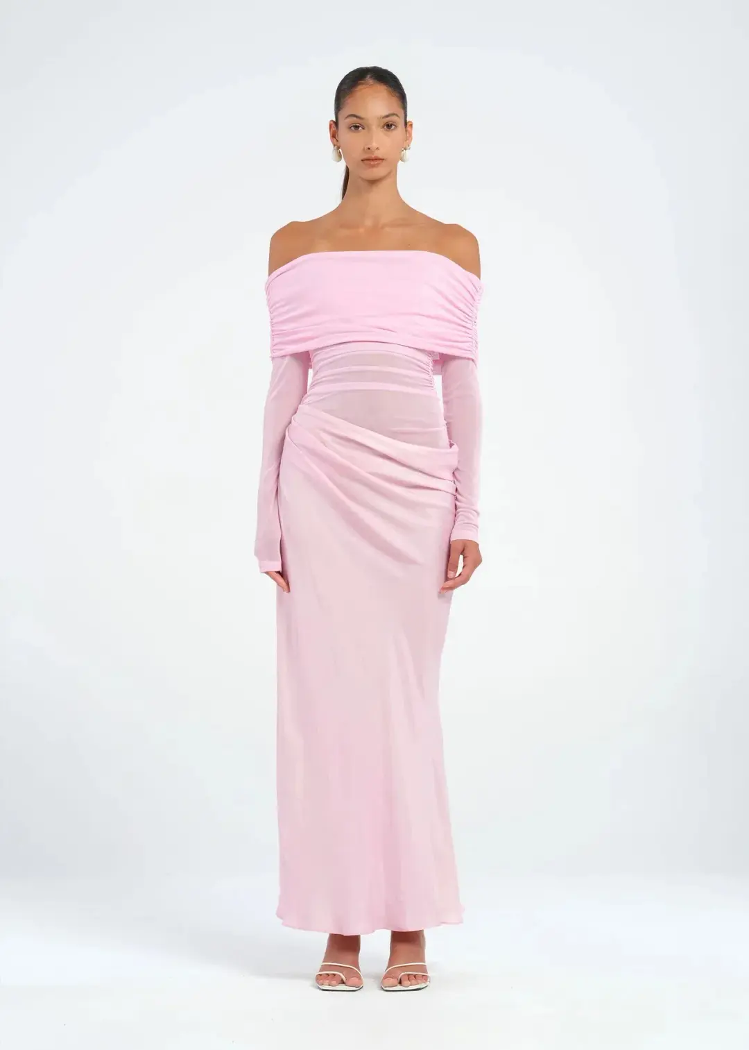 Benni Yasmin Off Shoulder Maxi Dress Baby Pink Size 8 for rent on The Volte - main image