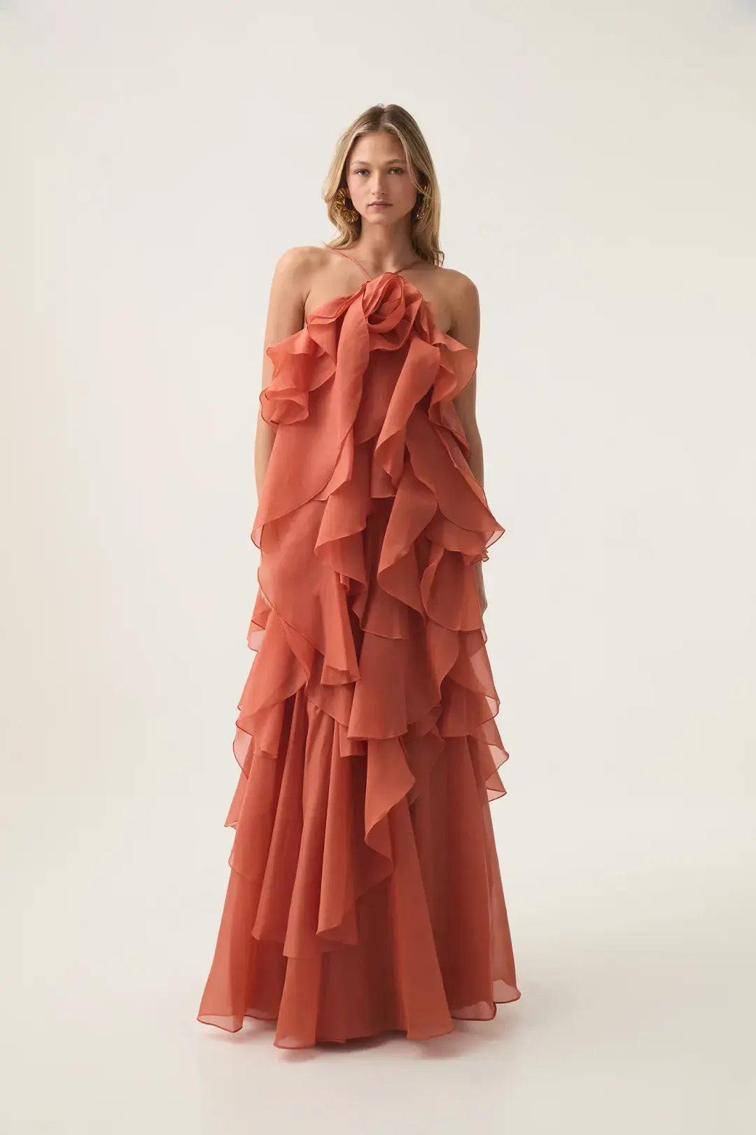 Aje Pandorea Layered Maxi Dress in Coral Clay Size AU 6 for rent on The Volte - main image