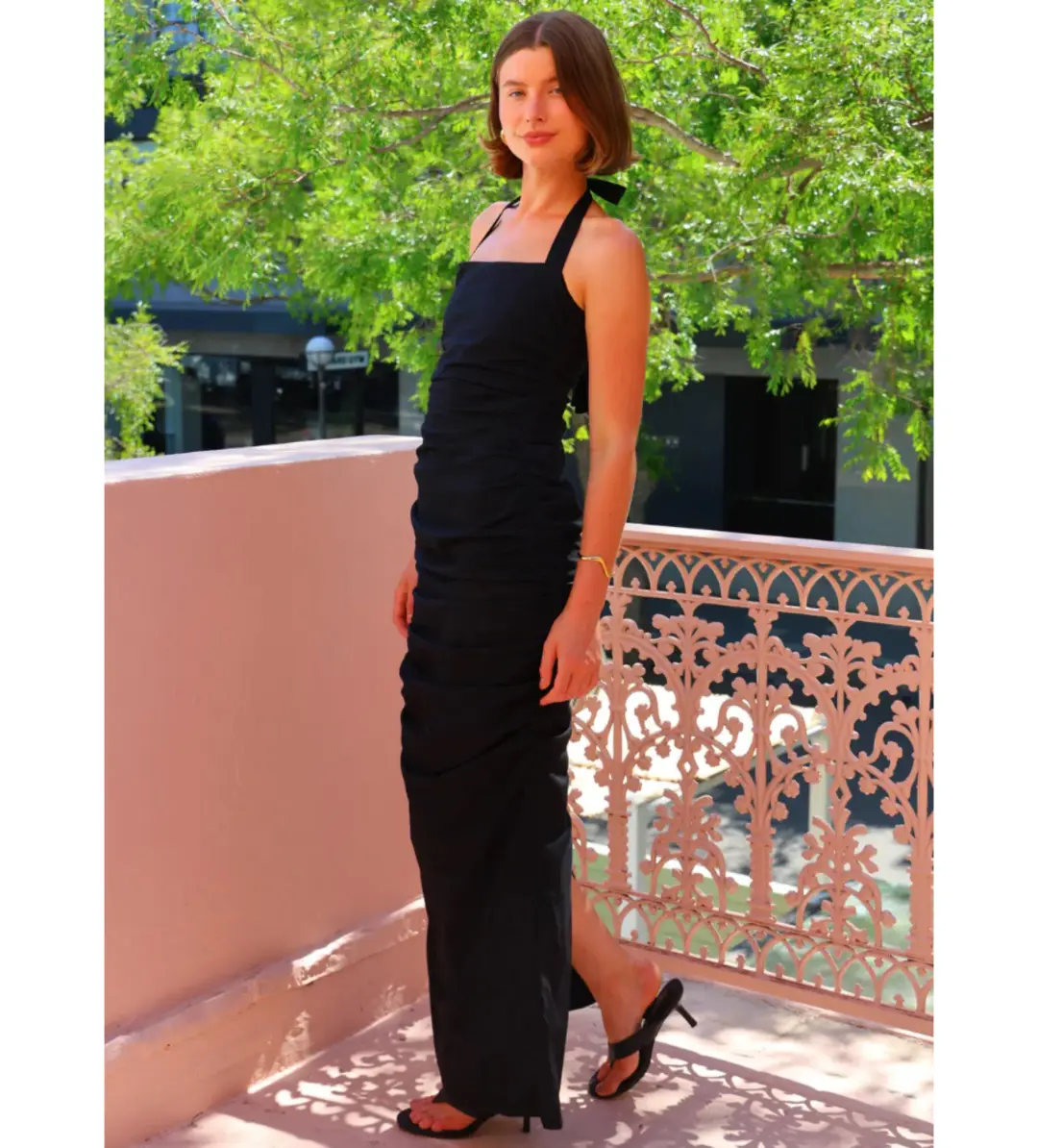 By Nicola Bay Linen Halter Neck Gathered Dress in Black AU 8 for rent on The Volte - main image