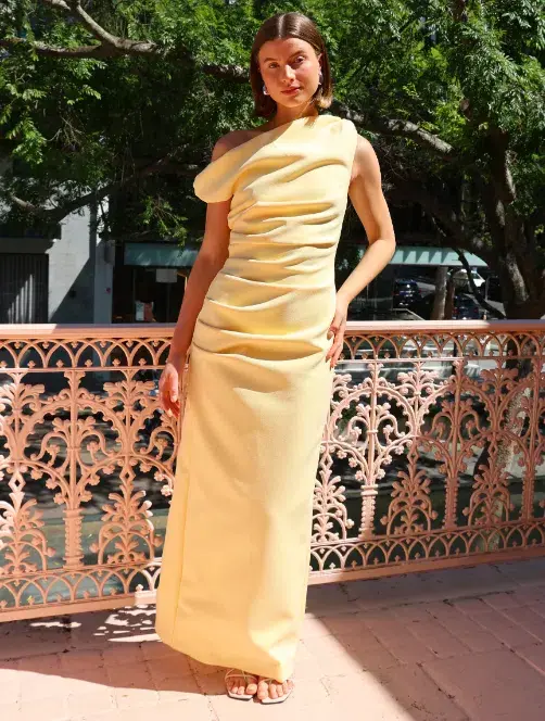 By Nicola Vivian Crepe Maxi Dress in Lemon Size 12 for rent on The Volte - main image