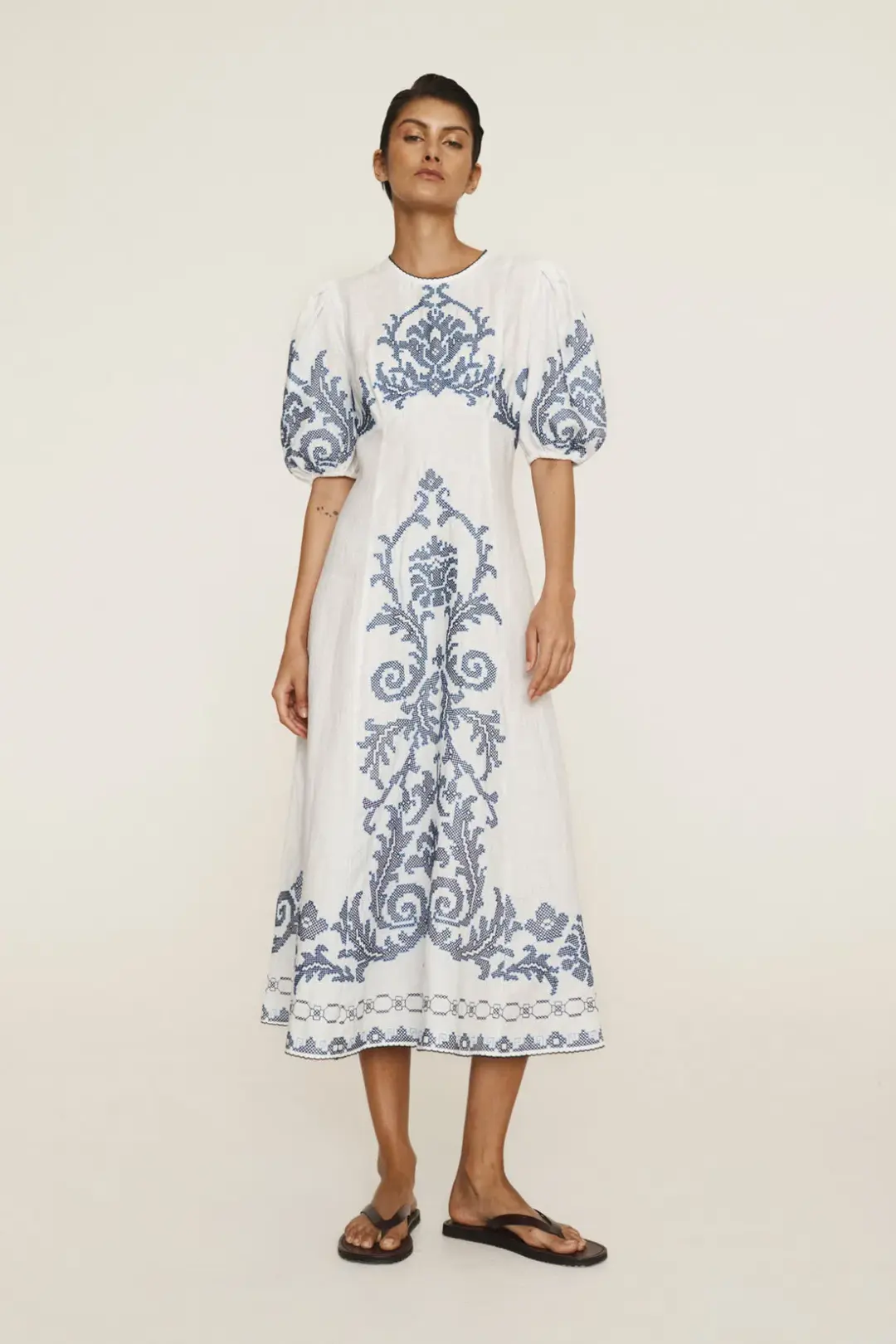 Alemais Hazel Embroidered Midi Dress White Print Size 14 for rent on The Volte - main image