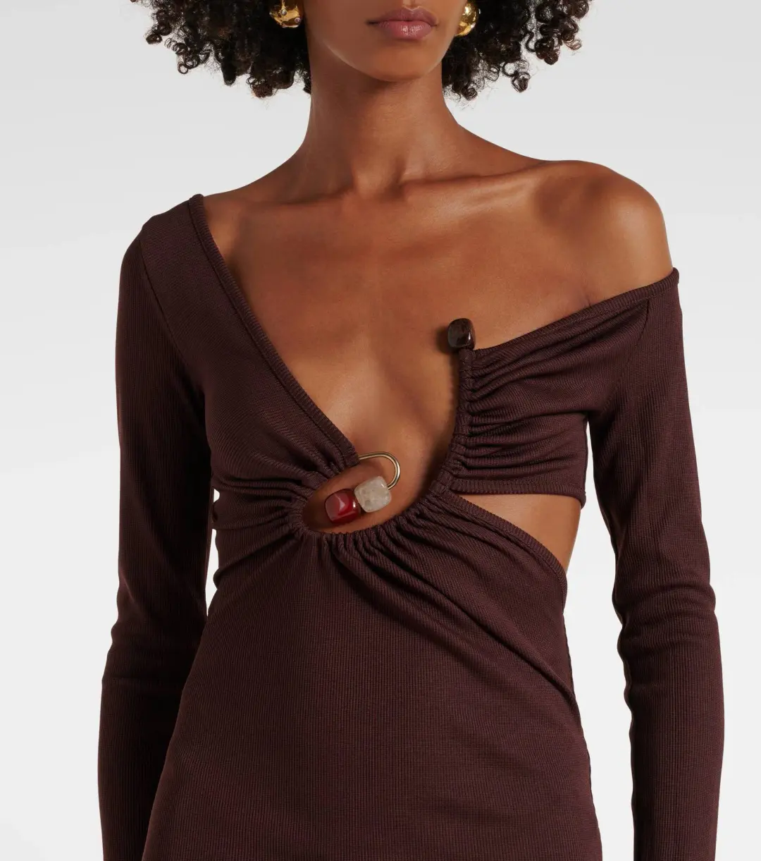 Christopher Esber Spiral Crystal Ribbed-Knit Midi Dress Mahogany Size 10 for rent on The Volte - main image