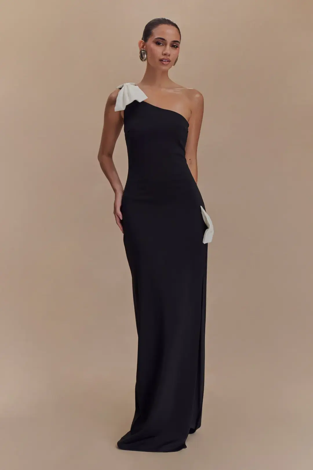 Meshki Hallie One Shoulder Bow Maxi Dress Black/White Size 8 for rent on The Volte - main image