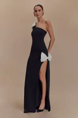 Meshki Hallie One Shoulder Bow Maxi Dress Black/White Size 8 for rent on The Volte - image 3