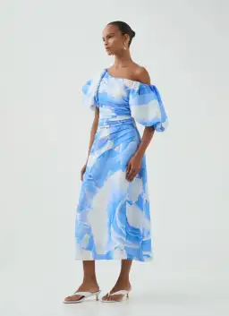 Aje Cadence Ruched Midi Dress Blue Size 12