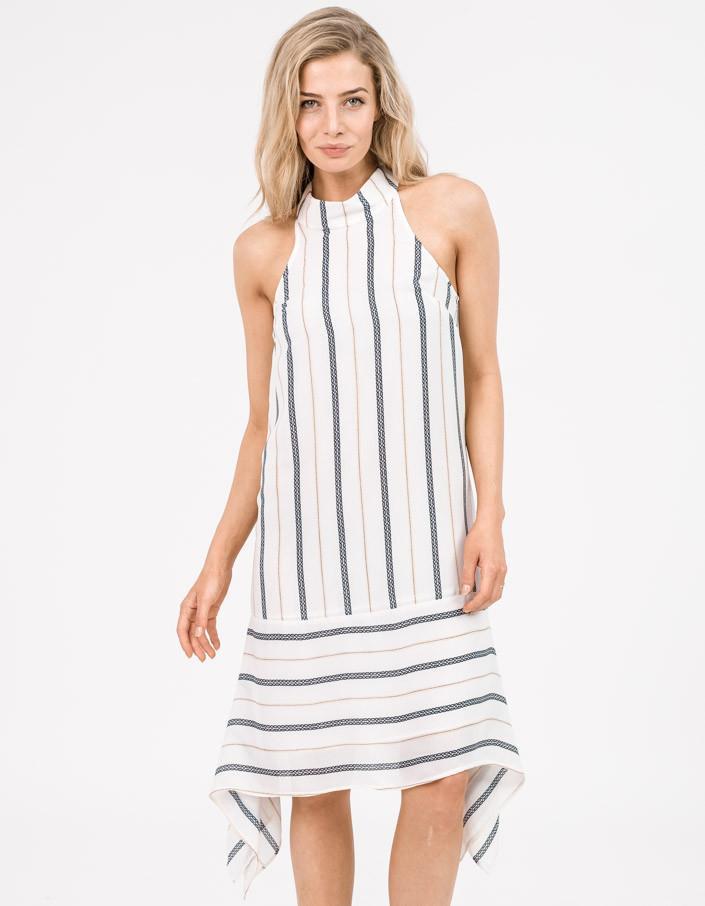 Shona Joy High Neck Handkerchief Dress Navy Gold Stripe Size 8 for rent on The Volte - main image