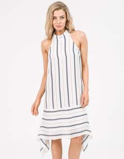 Shona Joy High Neck Handkerchief Dress Navy Gold Stripe Size 8 for rent on The Volte - image 1