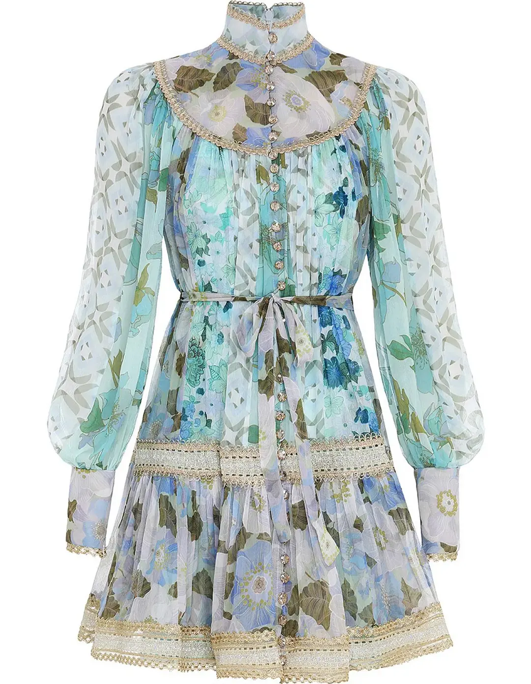 Zimmermann Rhythm Trimmed Billow Mini Dress in Aqua Mixed Print Size AU 8 for rent on The Volte - main image
