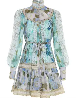 Zimmermann Rhythm Trimmed Billow Mini Dress in Aqua Mixed Print Size AU 8 for rent on The Volte - image 3
