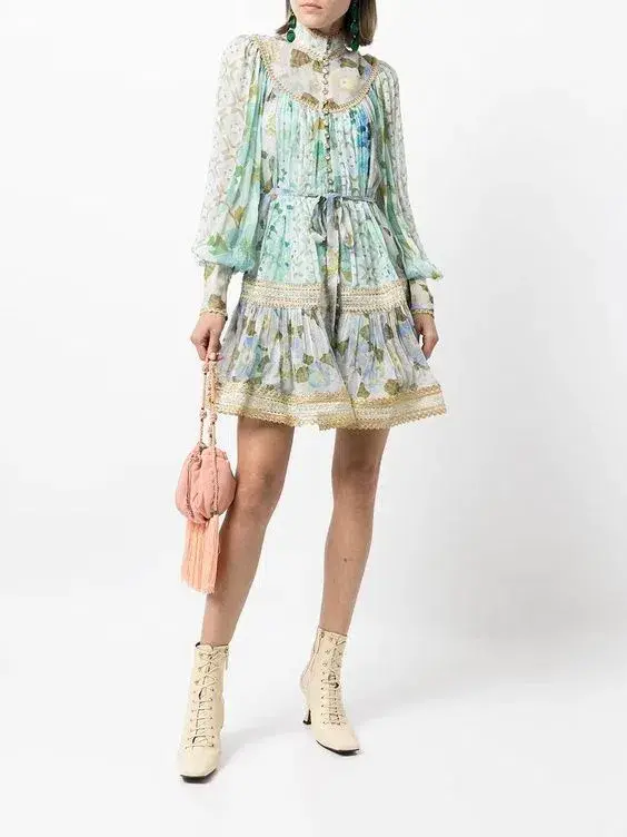 Zimmermann Rhythm Trimmed Billow Mini Dress in Aqua Mixed Print Size AU 8 for rent on The Volte - main image