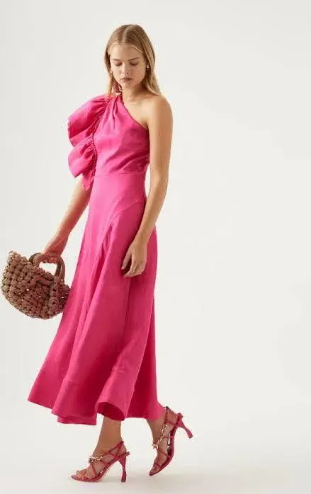Aje Bonjour Asymmetric Midi Dress Pink Size AU 8 for rent on The Volte - main image