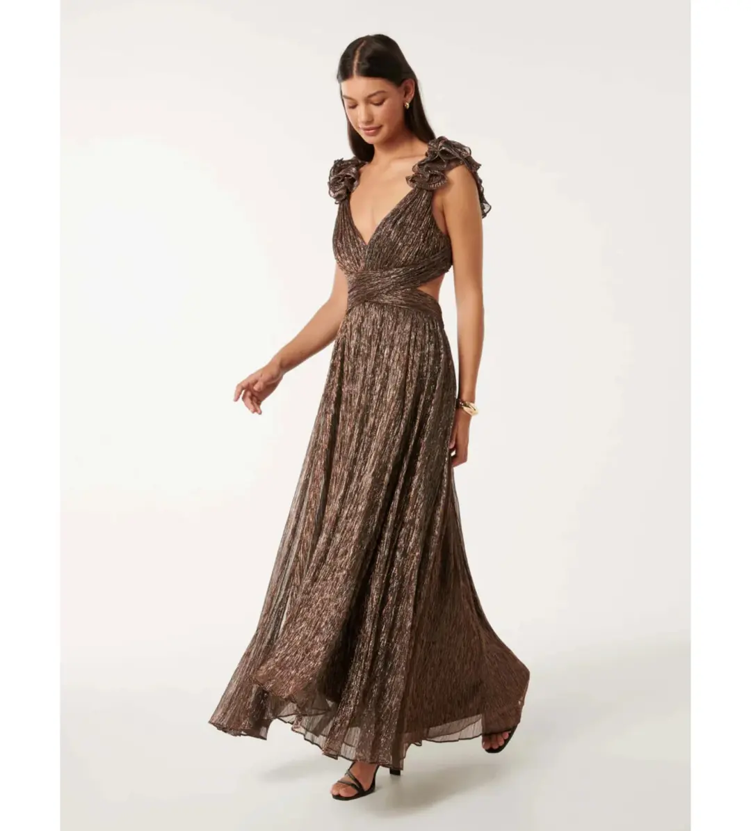 Selena Plisse Ruffle Shoulder Maxi Dress Brown Size 10 for rent on The Volte - main image