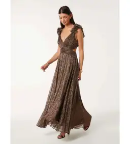 Selena Plisse Ruffle Shoulder Maxi Dress Brown Size 10 for rent on The Volte - image 2