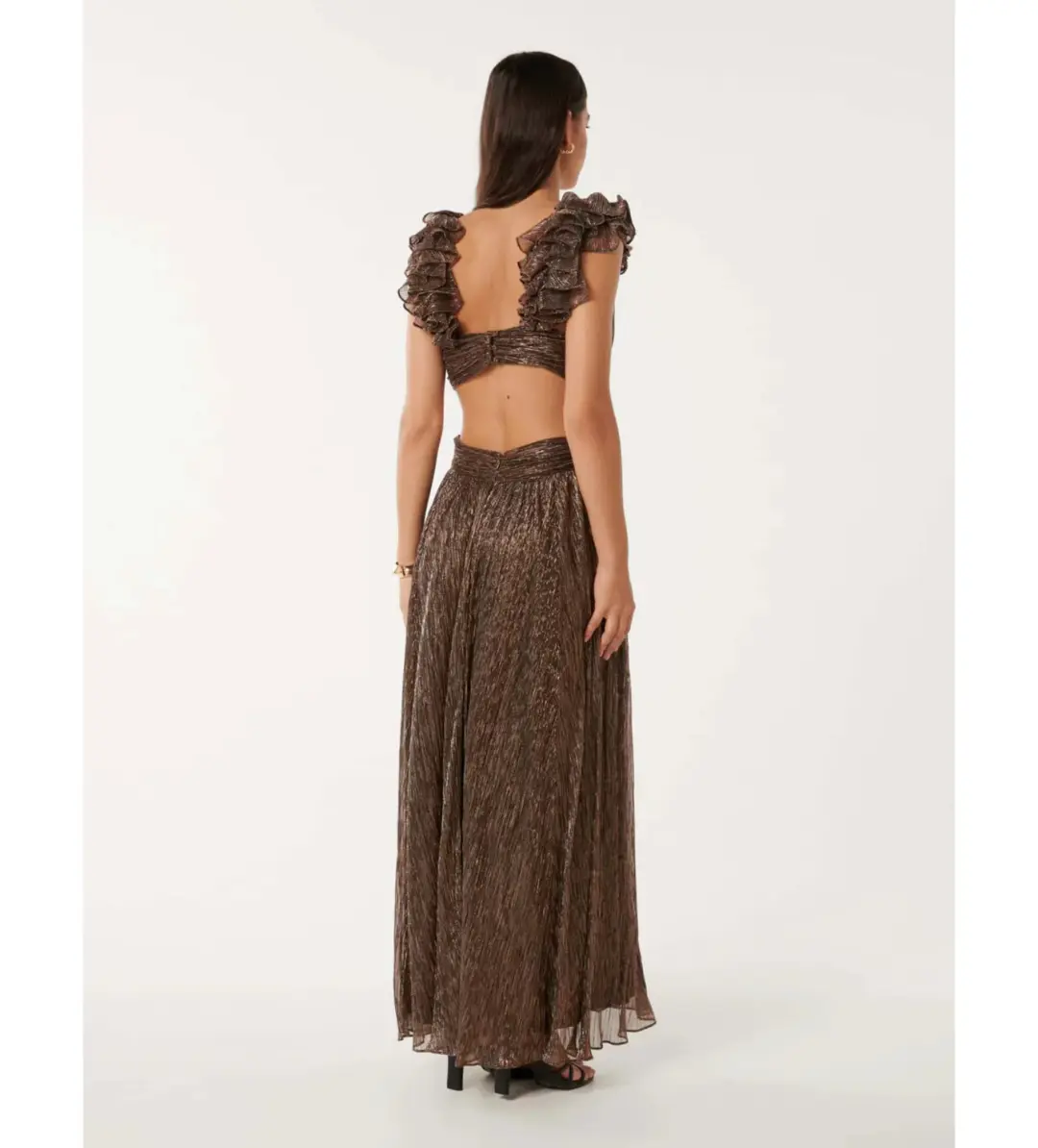 Selena Plisse Ruffle Shoulder Maxi Dress Brown Size 10 for rent on The Volte - main image