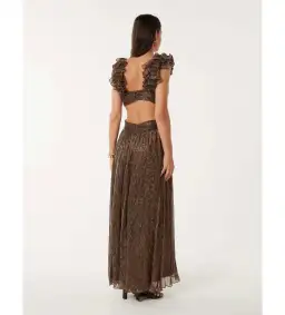 Selena Plisse Ruffle Shoulder Maxi Dress Brown Size 10 for rent on The Volte - image 3