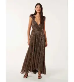 Selena Plisse Ruffle Shoulder Maxi Dress Brown Size 10 for rent on The Volte - image 1