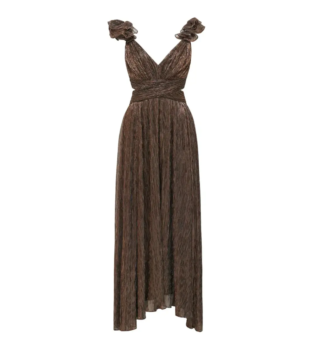 Selena Plisse Ruffle Shoulder Maxi Dress Brown Size 10 for rent on The Volte - main image