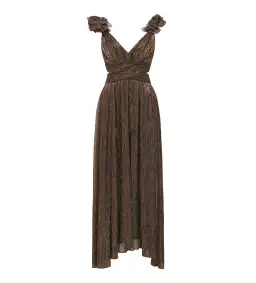 Selena Plisse Ruffle Shoulder Maxi Dress Brown Size 10 for rent on The Volte - image 4