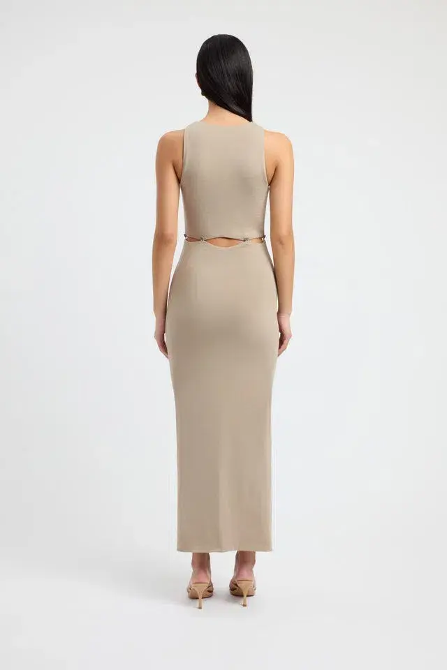 Kookai Taupe Lottie Button Detailing Midi Dress Brown Size 8 for rent on The Volte - main image