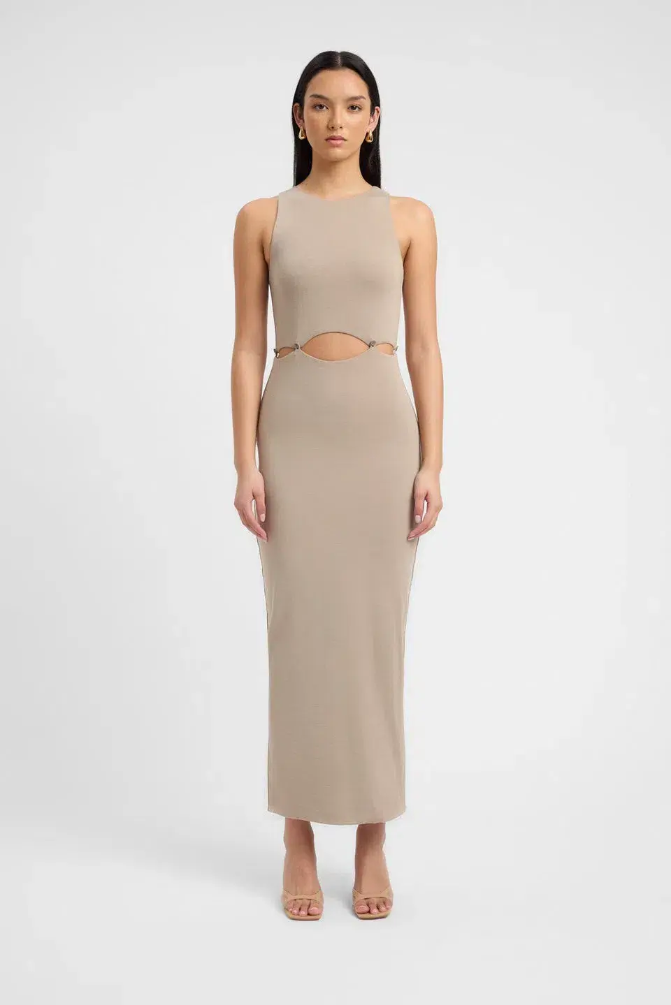 Kookai Taupe Lottie Button Detailing Midi Dress Brown Size 8 for rent on The Volte - main image