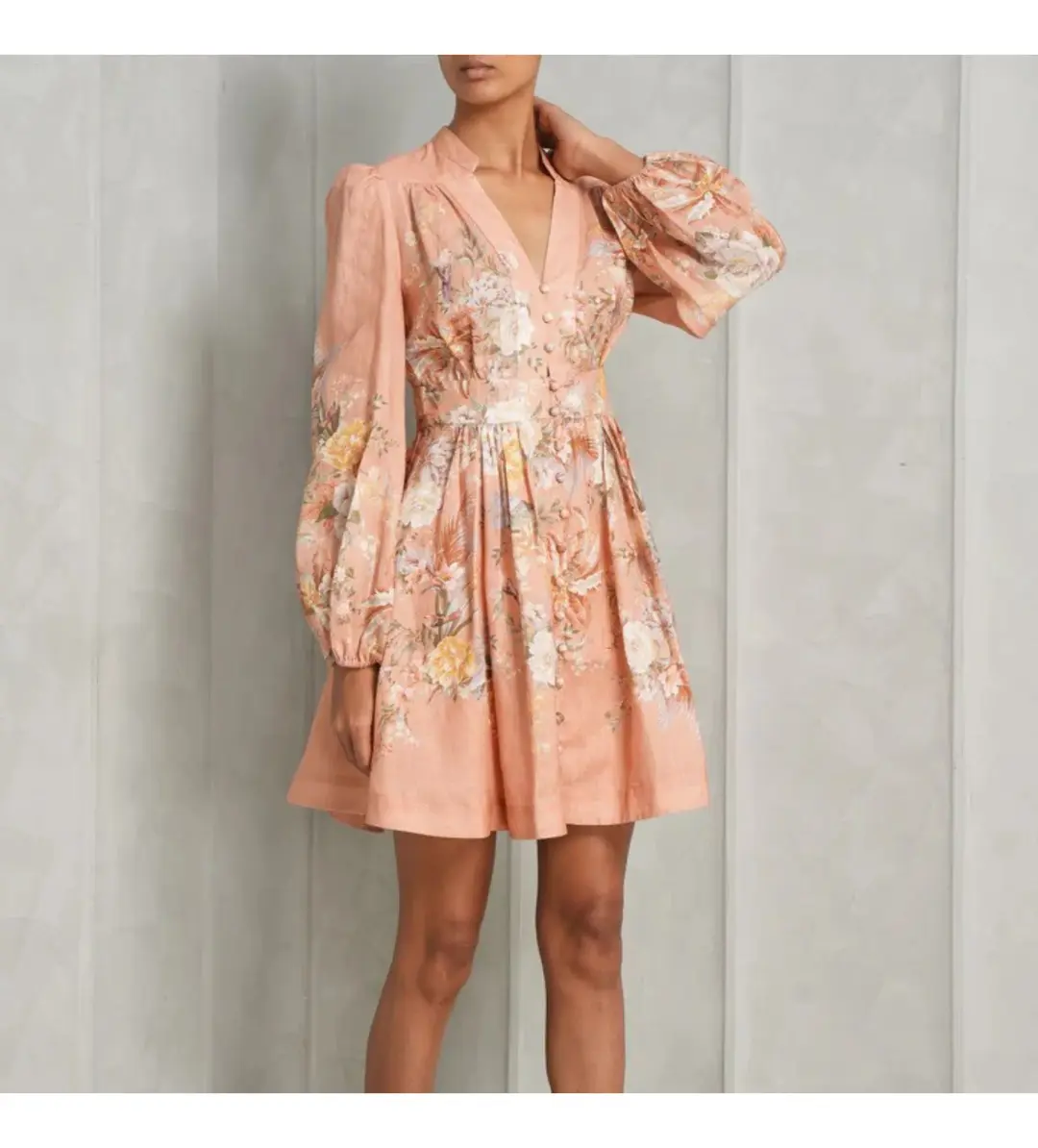 Zimmermann Tallow Plunge Mini Dress Pink Multi Floral Size AU 12 for rent on The Volte - main image