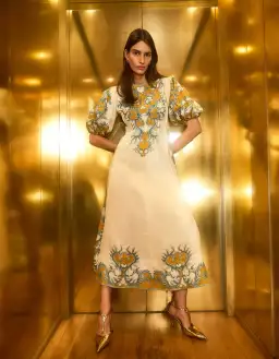 Antipodean Paloma Pin Tuck Dress in Dandelion and Steel Size 10