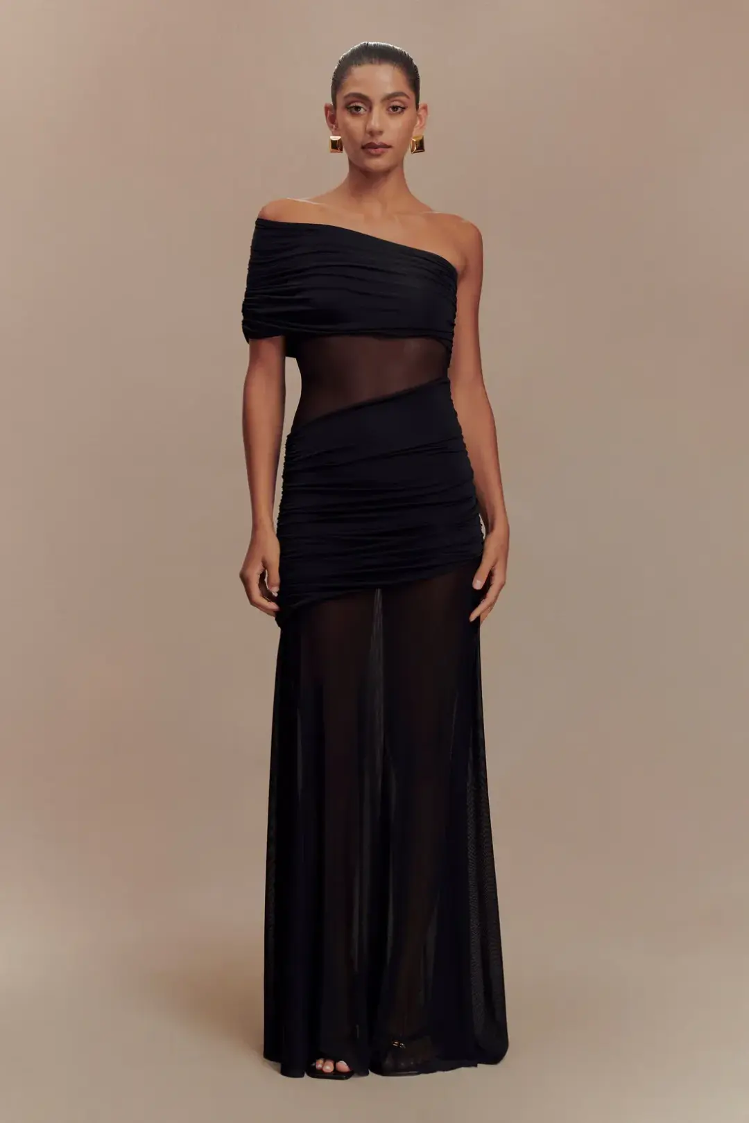 Meshki Dallas One Shoulder Mesh Maxi Dress in Black Size 10 for rent on The Volte - main image