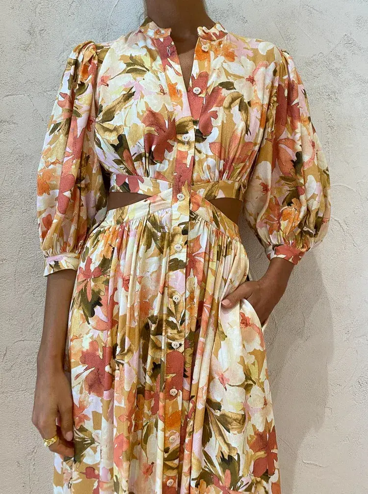 Significant Other Svana Linen Blend Midi Dress Watercolour Floral Size 10 for rent on The Volte - main image