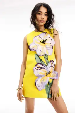 Leo Lin Yvonne Appliqué Floral Mini Dress Iris Print in Yellow Size AU 10 for rent on The Volte - image 1