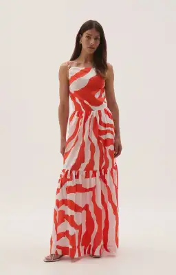 Aje Studios Marley Tiered Maxi Dress Coral Zebra Size AU 14