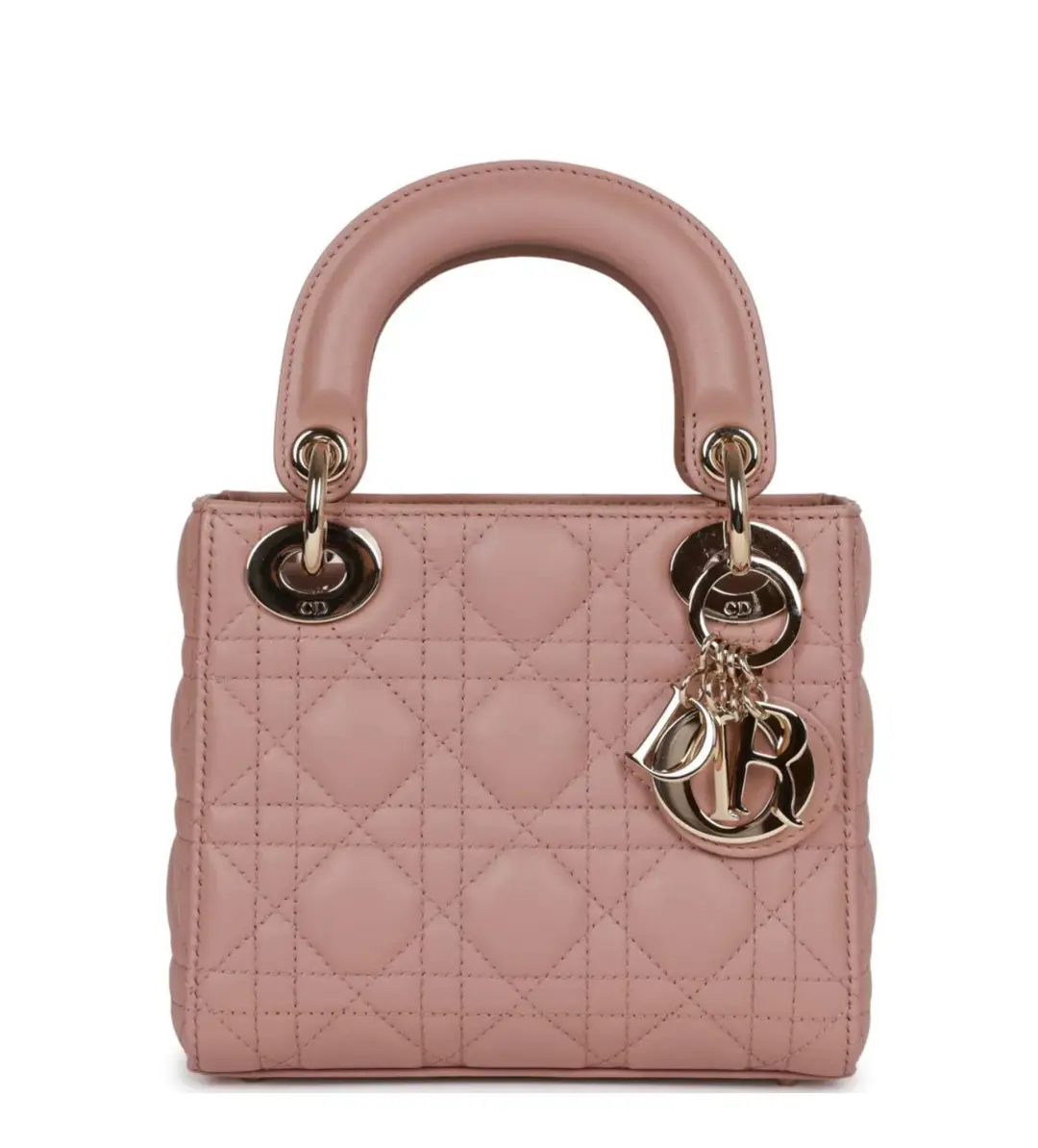Christian Dior Mini Lady Bag Cannage Lambskin Light Gold Hardware in Blush for rent on The Volte - main image