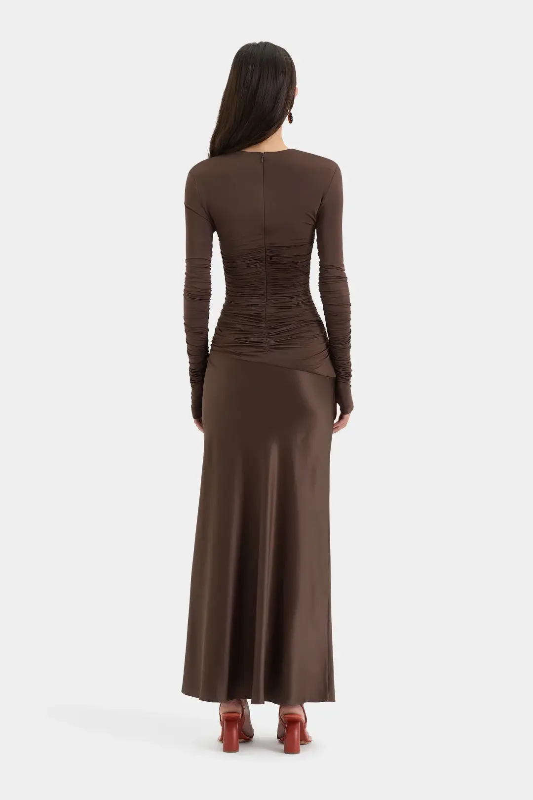 Sir Alessia Draped Jersey Satin Maxi Gown Brown Size 8 for rent on The Volte - main image