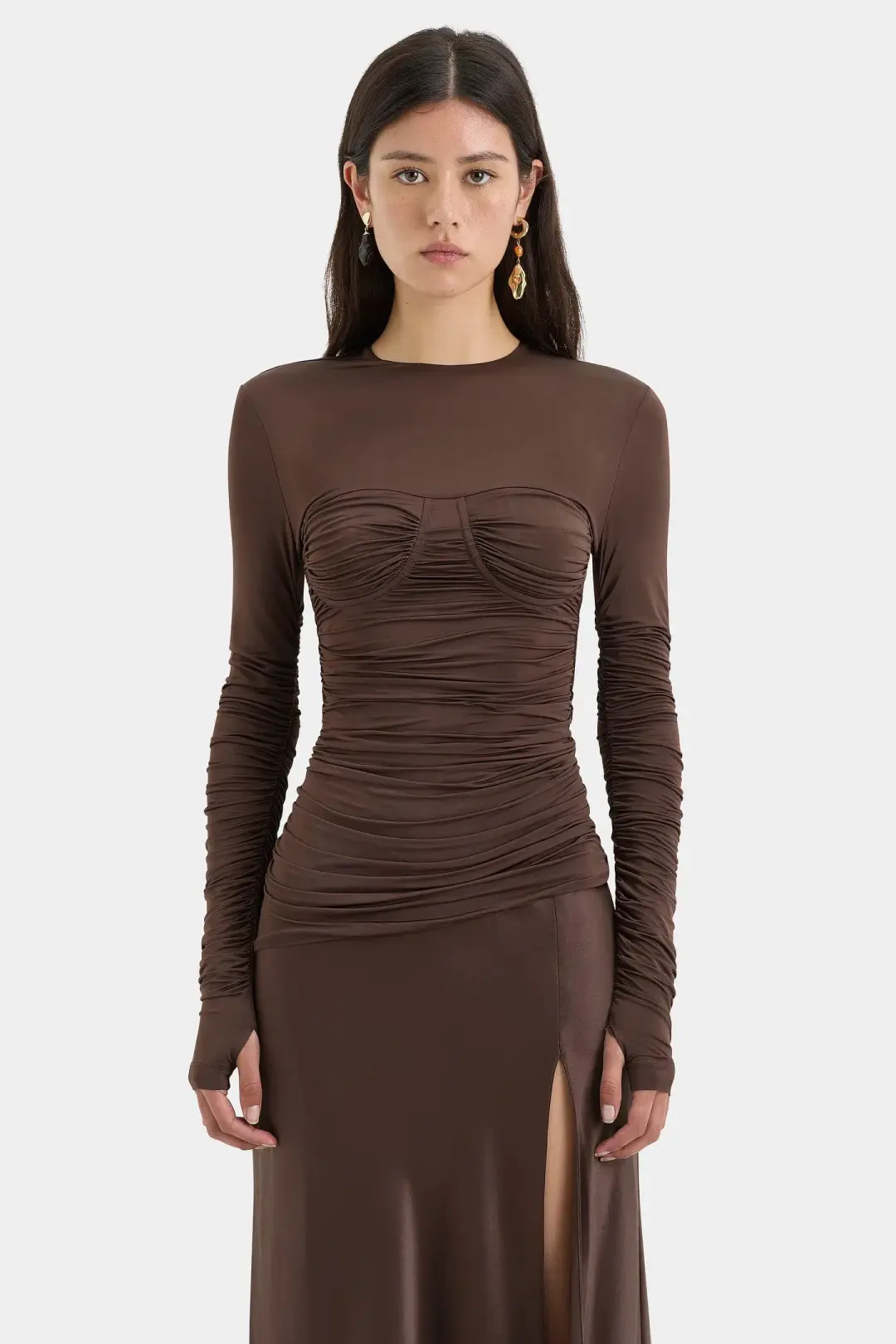Sir Alessia Draped Jersey Satin Maxi Gown Brown Size 8 for rent on The Volte - main image
