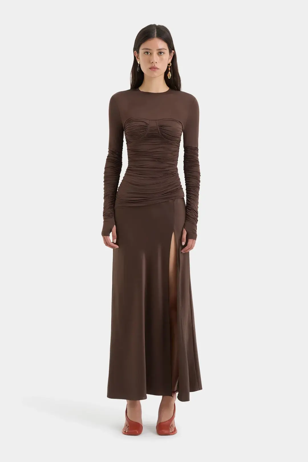 Sir Alessia Draped Jersey Satin Maxi Gown Brown Size 8 for rent on The Volte - main image