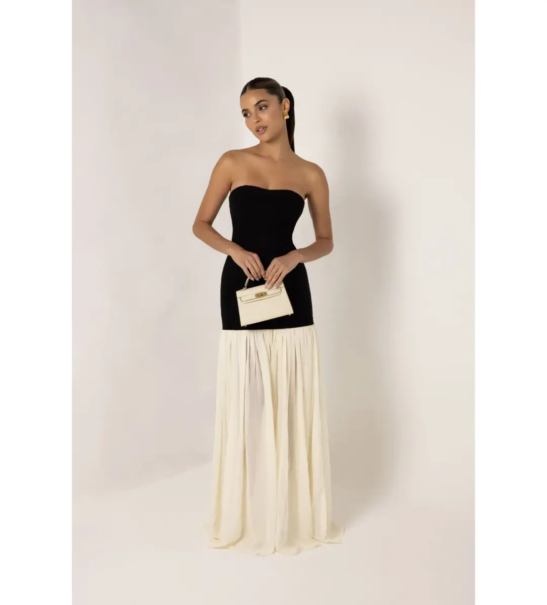 Heiress Beverly Hills Black Strapless Cream Chiffon Maxi Dress Multi Size XXS / AU 4 for rent on The Volte - main image