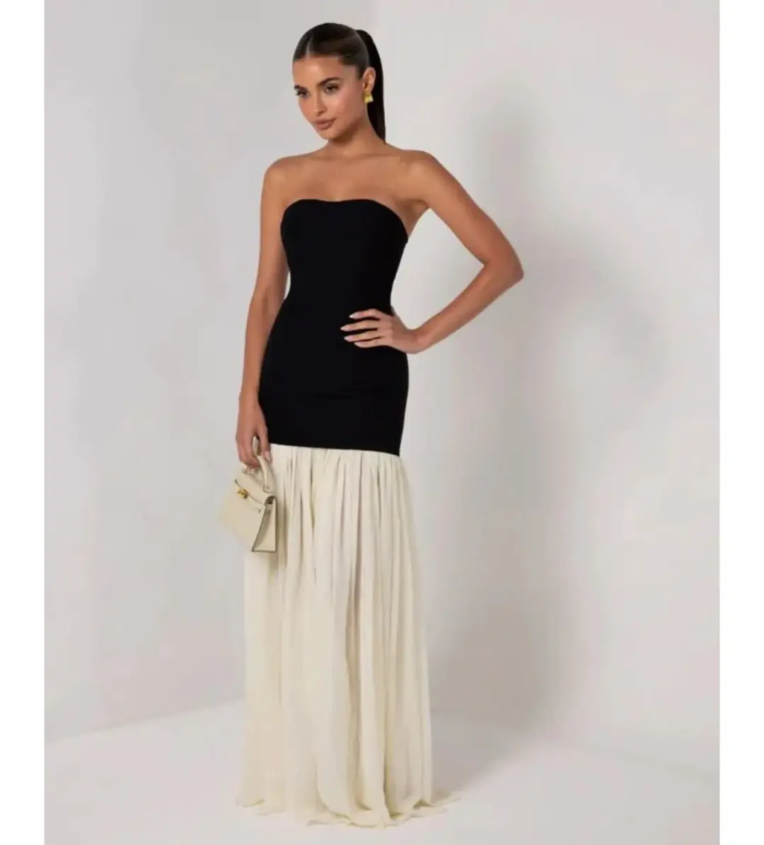 Heiress Beverly Hills Black Strapless Cream Chiffon Maxi Dress Multi Size XXS / AU 4 for rent on The Volte - main image