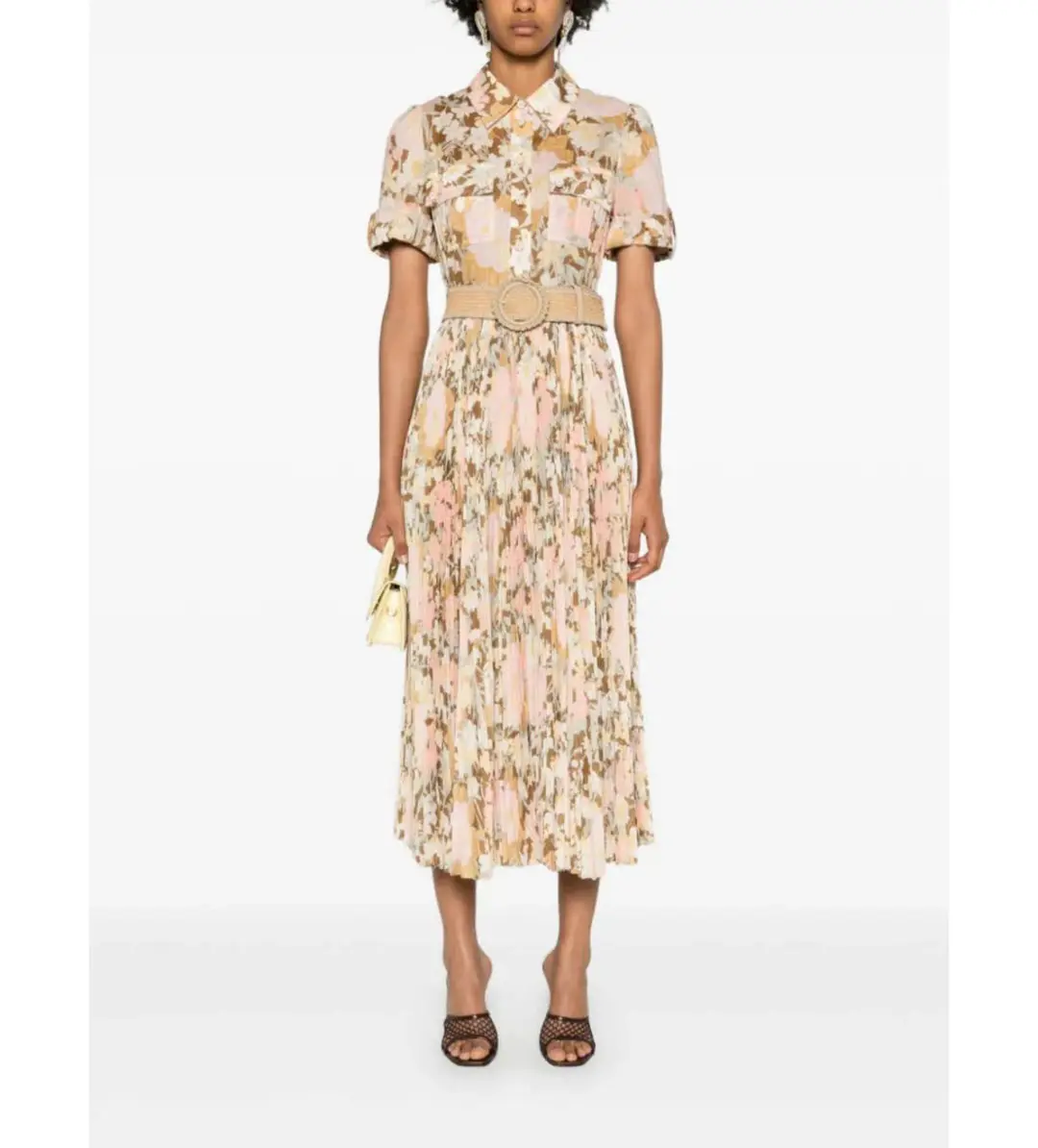 Zimmermann Pop Pleated Midi Shirtdress Gold/peach Floral Size 0 / AU 8 for rent on The Volte - main image