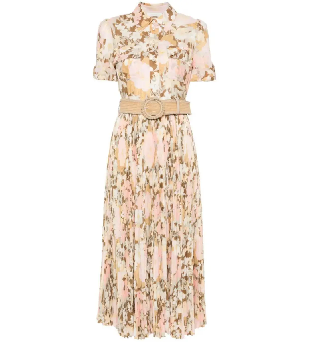 Zimmermann Pop Pleated Midi Shirtdress Gold/peach Floral Size 0 / AU 8 for rent on The Volte - main image