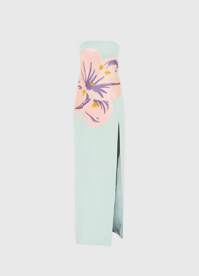 Leo Lin Clémence Embroidered Split Maxi Dress in Hibiscus in Pistachio Size 8 for rent on The Volte - main image