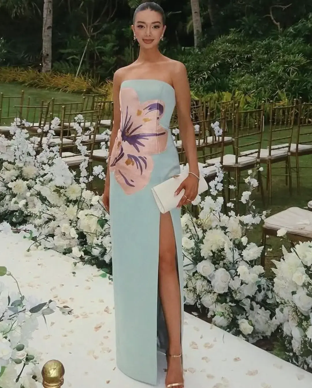 Leo Lin Clémence Embroidered Split Maxi Dress in Hibiscus in Pistachio Size 8 for rent on The Volte - main image