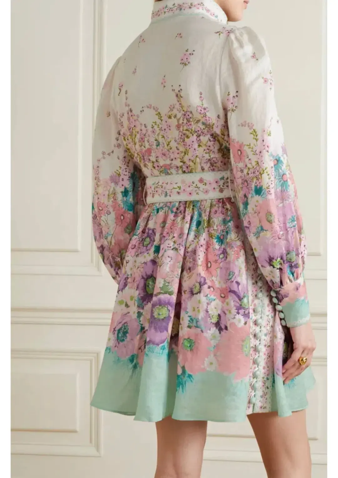 Zimmermann Jude Buttoned Mini Dress in Aqua Gradient Floral Size 0 / AU 8 for rent on The Volte - main image