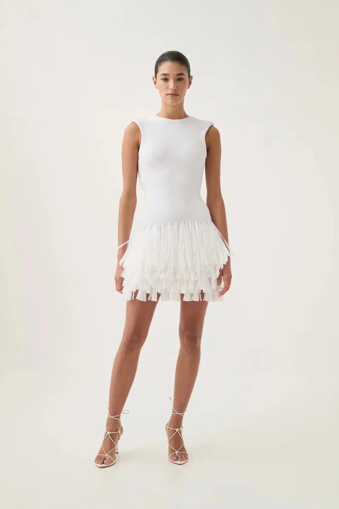 AJE Rushes Raffia Knit Mini Dress White Size AU 8 for rent on The Volte - main image