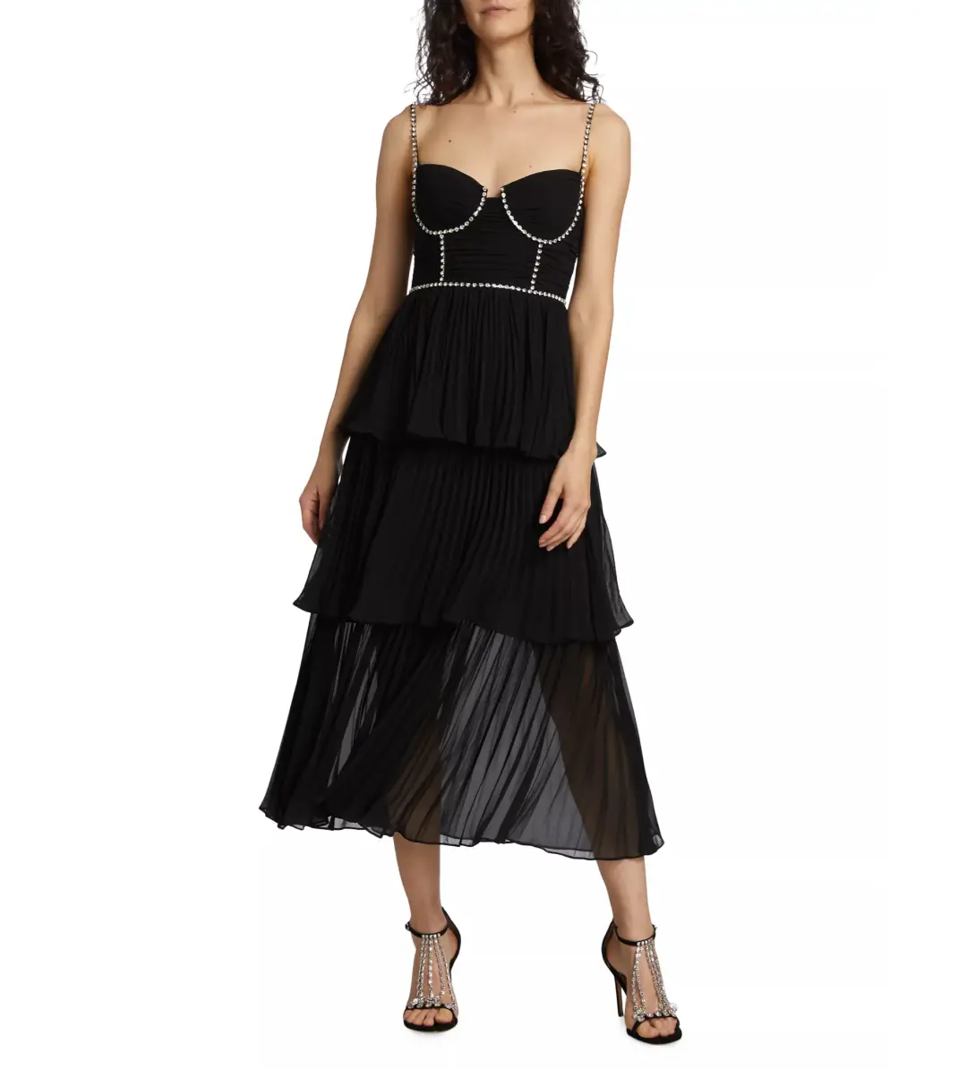 Self Portrait Chiffon Tiered Midi Dress in Black Size AU 10 for rent on The Volte - main image
