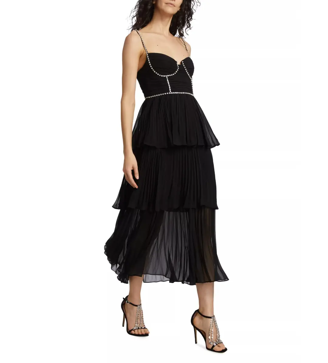 Self Portrait Chiffon Tiered Midi Dress in Black Size AU 10 for rent on The Volte - main image