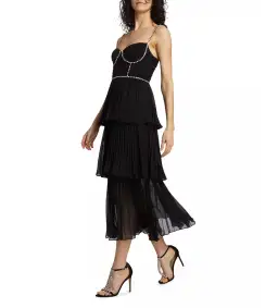 Self Portrait Chiffon Tiered Midi Dress in Black Size AU 10 for rent on The Volte - image 4