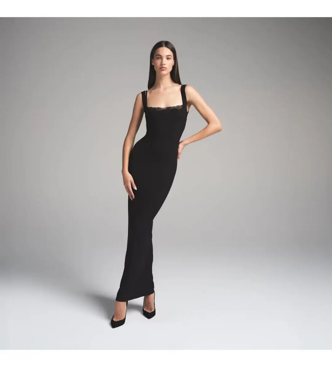 SKIMS Soft Lounge Lace Long Dress With Bralette Black Size S/AU 8 for rent on The Volte - main image