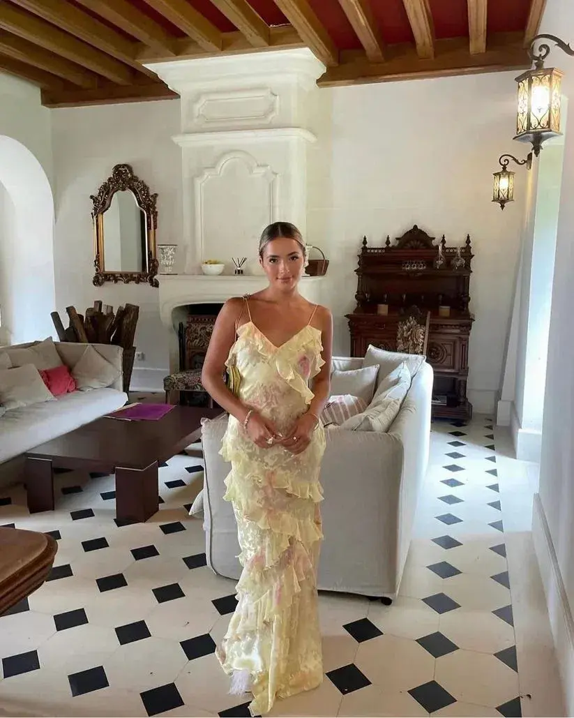 LoveShackFancy Rialto Floral Chiffon Maxi Dress in Yellow Melon Size US6/AU10 for rent on The Volte - main image