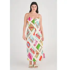 Oroton Ticket Print Slip Maxi Dress Multi Size AU 14