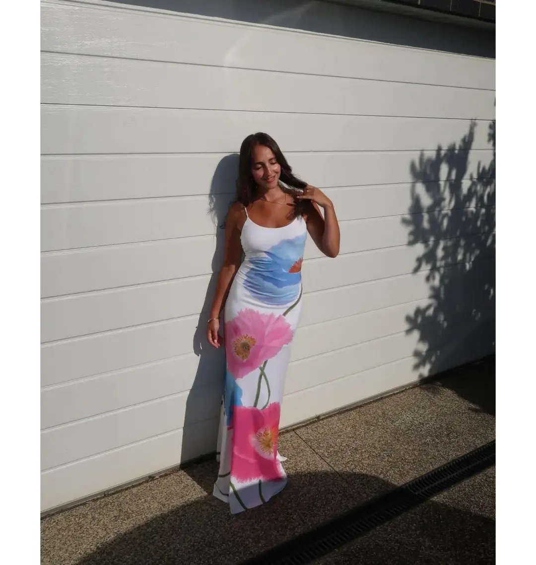 With Harper Lu Low Back Maxi Dress Azure Poppy Size S / AU 8 for rent on The Volte - main image